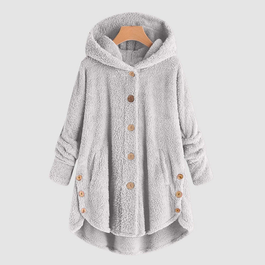 Manteau à Capuche Doux Femme, Boutons et Ourlet Asymétrique, Plusieurs Couleurs