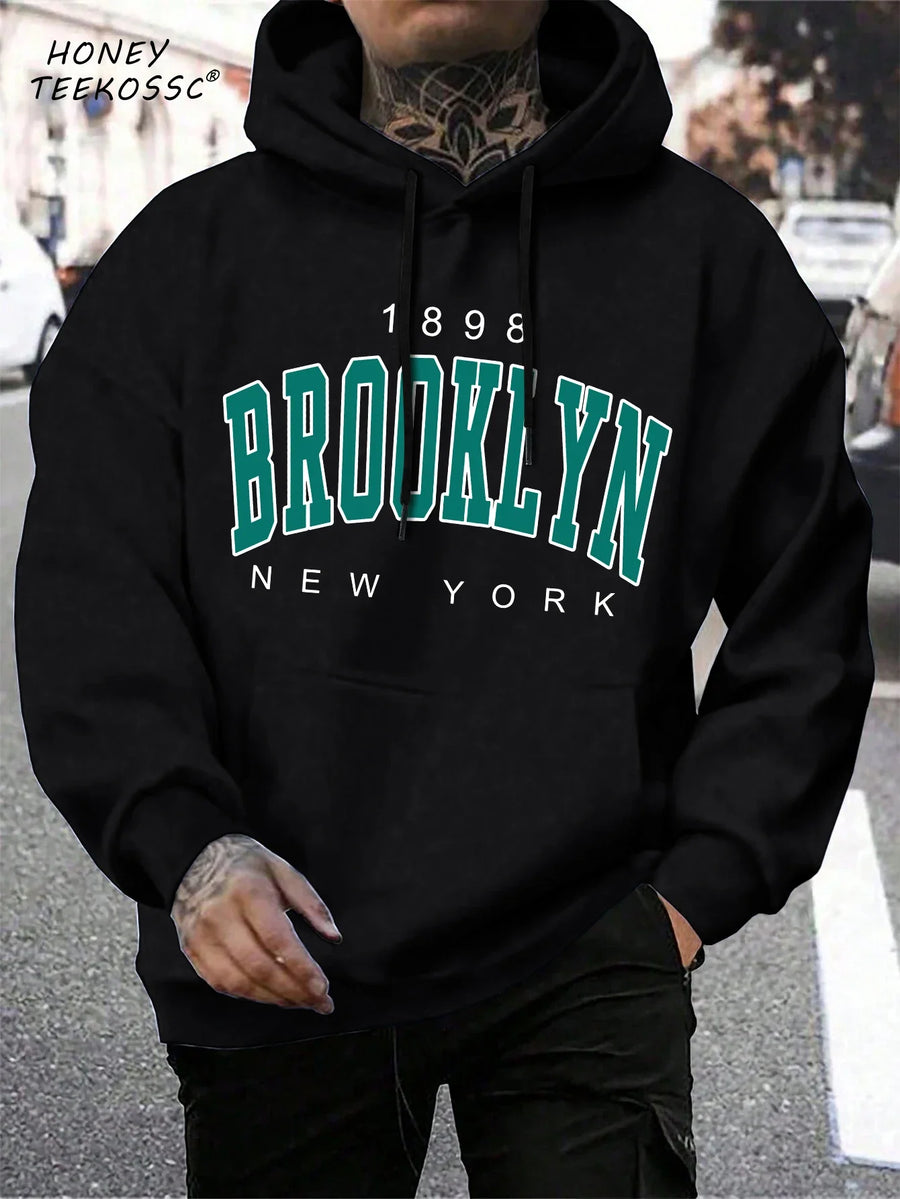 Unisex hættetrøje med New York Brooklyn-basketballprint og kængurulomme