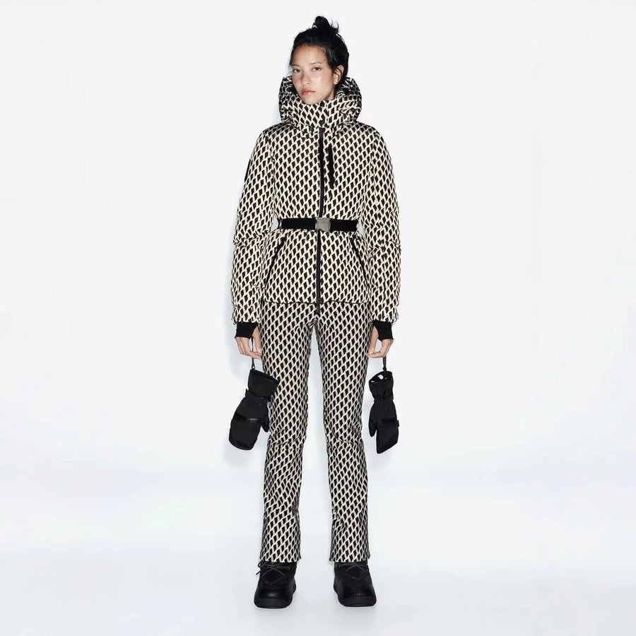 Women's quilted puffer jacket with a removable hood and gold elastic belt