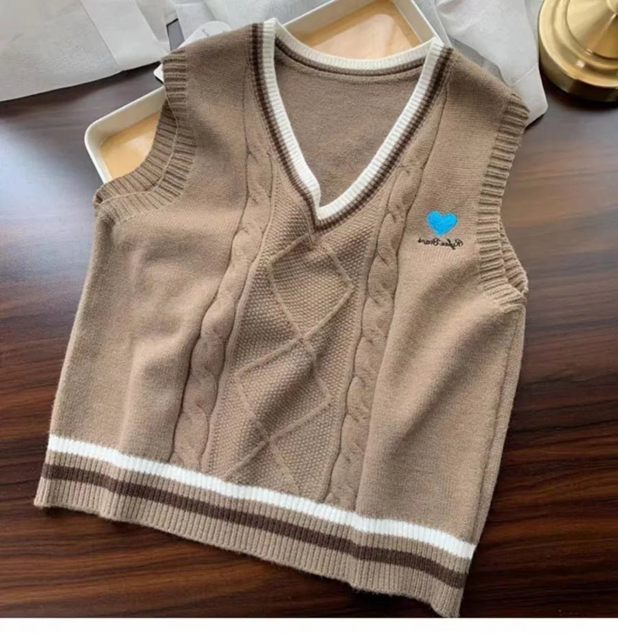 Gilet da donna senza maniche in maglia con scollo a V e motivi a trecce, stile preppy