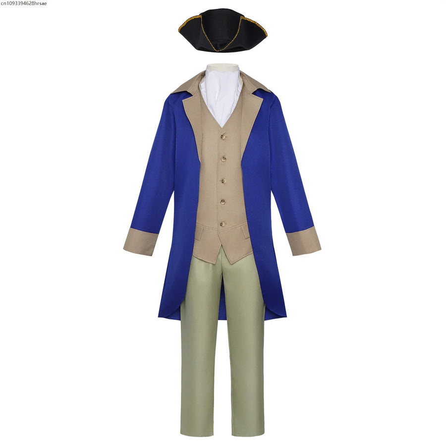 Historisches Herren­kostüm in Blau und Beige mit Dreispitz und Weste