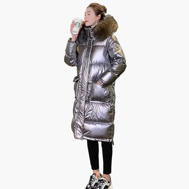 Abrigo acolchado largo para mujer estilo urbano chic con capucha de piel – Ideal para el invierno