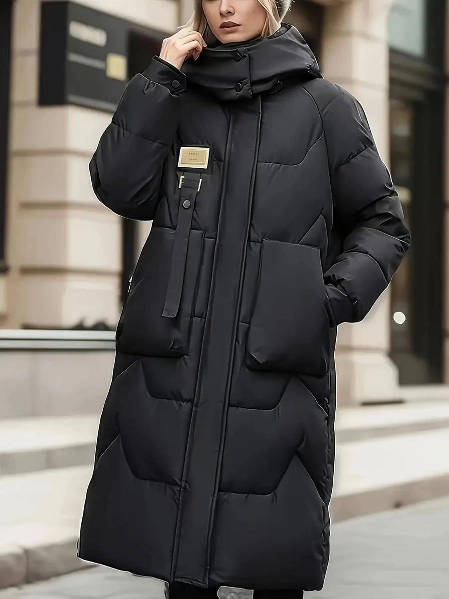 Doudoune longue matelassée à capuche pour femme – Noir