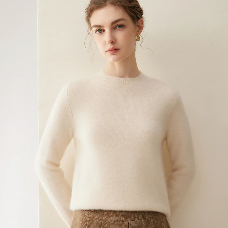 Pull en maille ras du cou manches longues femme - Blanc cassé