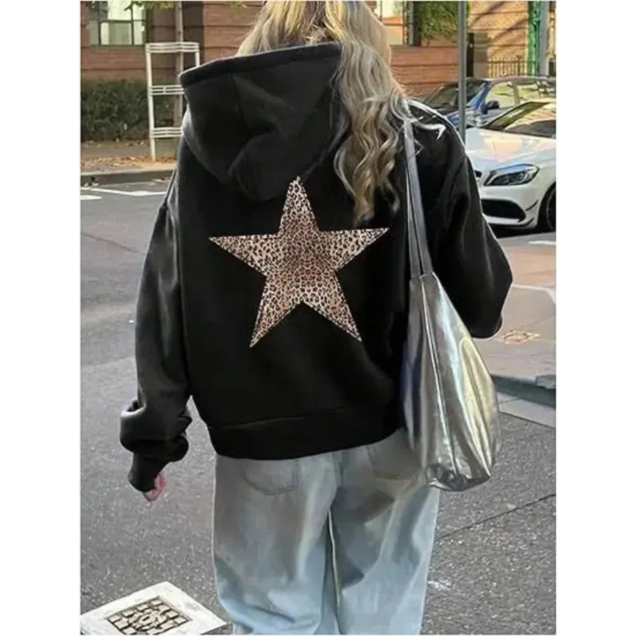 Sudadera holgada de mujer con capucha y motivo de estrella de leopardo en la espalda, varios colores disponibles
