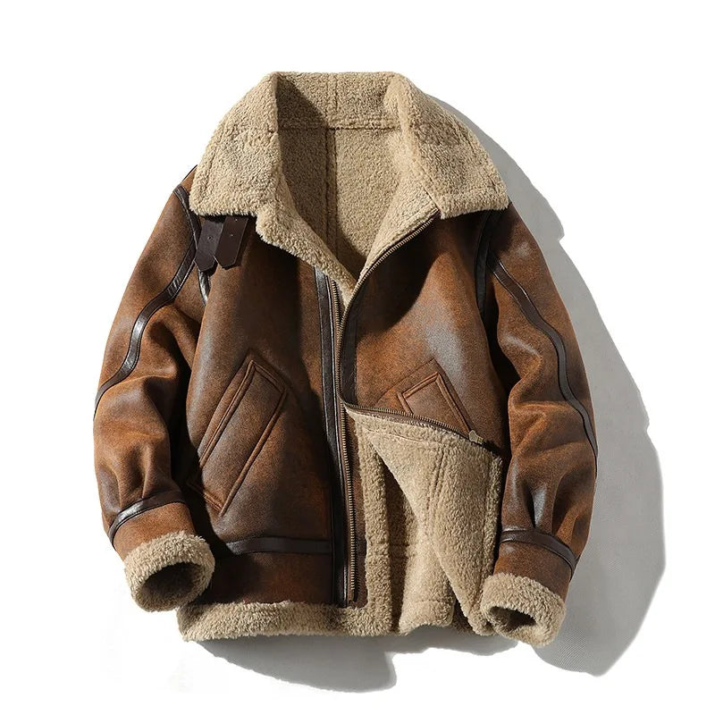 Braune Herren-Fliegerjacke mit Kragen und Kunstpelzfutter