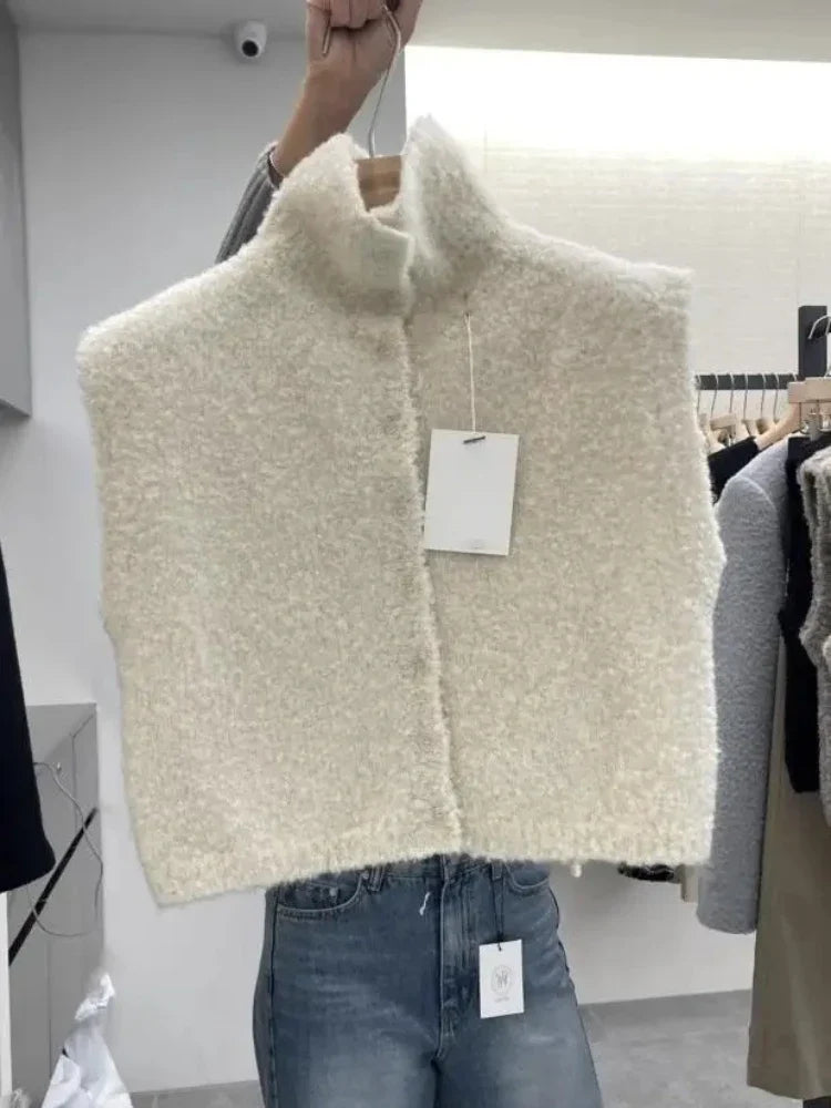 Damesvest zonder mouwen met structuur en opstaande kraag - beige, curry of wit