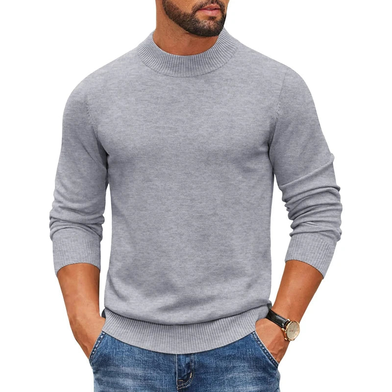 Jersey de punto para hombre con cuello alto acanalado y manga larga, color liso