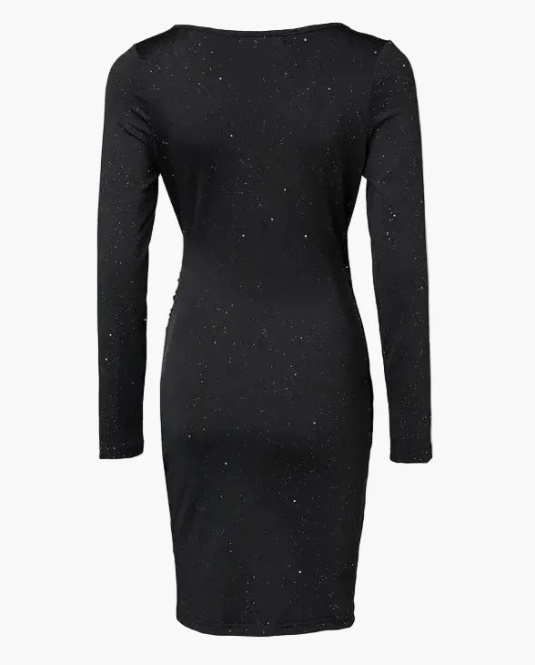 Elegant aftenkjole til kvinder med lange ærmer, slå-om-stil, galakse-look, chic og moderne