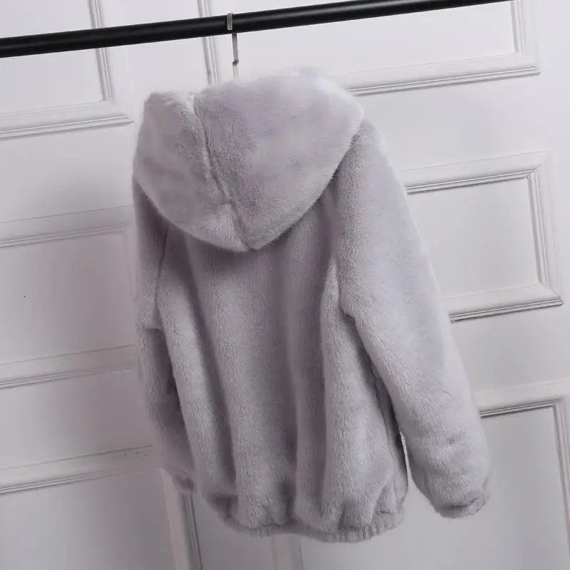 Women's Short Soft Faux Fur Hooded Jacket with Elasticized Waist