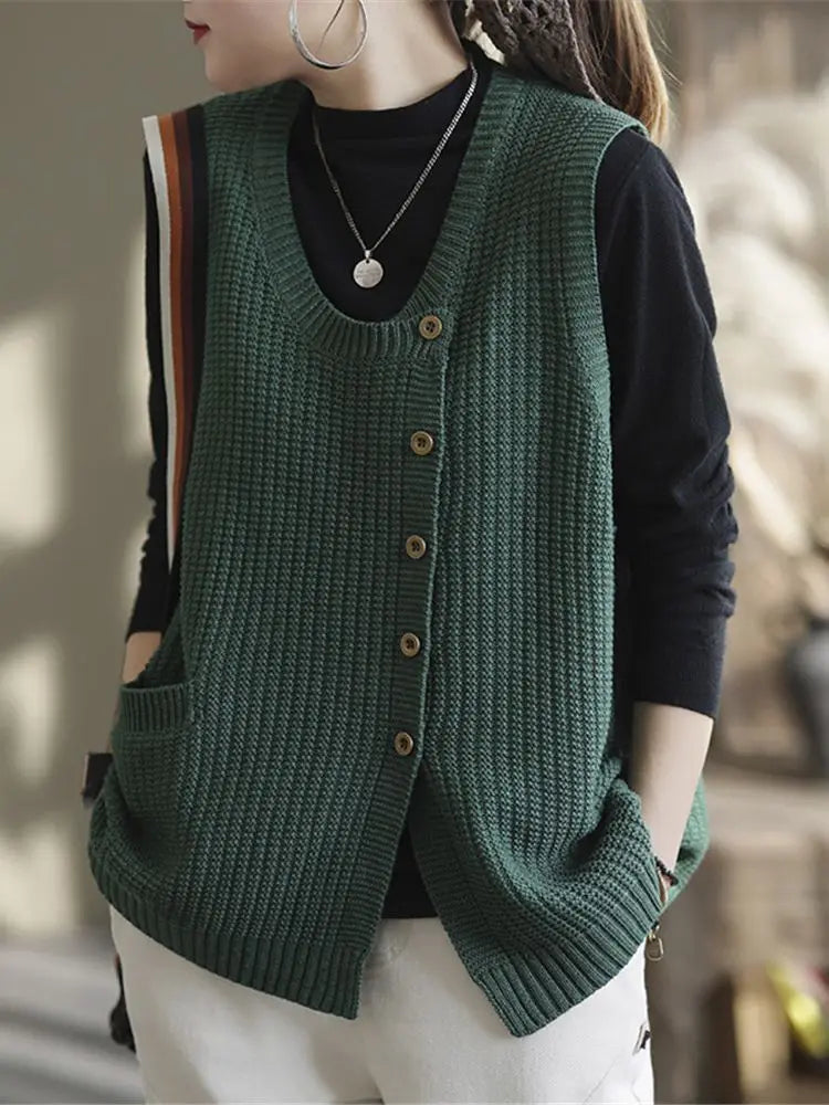 Gilet da donna senza maniche in maglia con bottoni e tasche