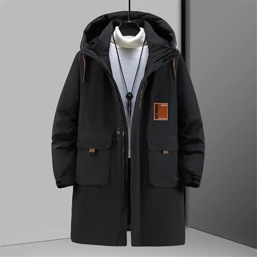Men's long hooded padded coat - Beige, flap pockets