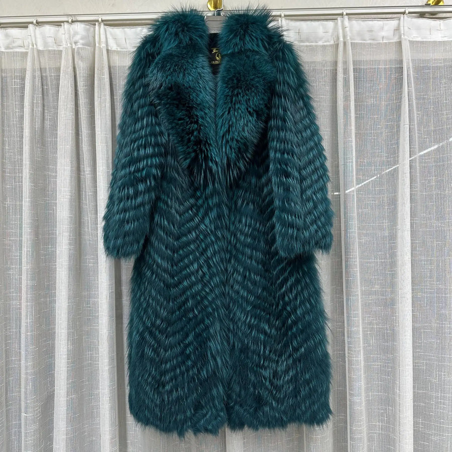 Manteau long pour femme en fausse fourrure à motif chevrons et col large