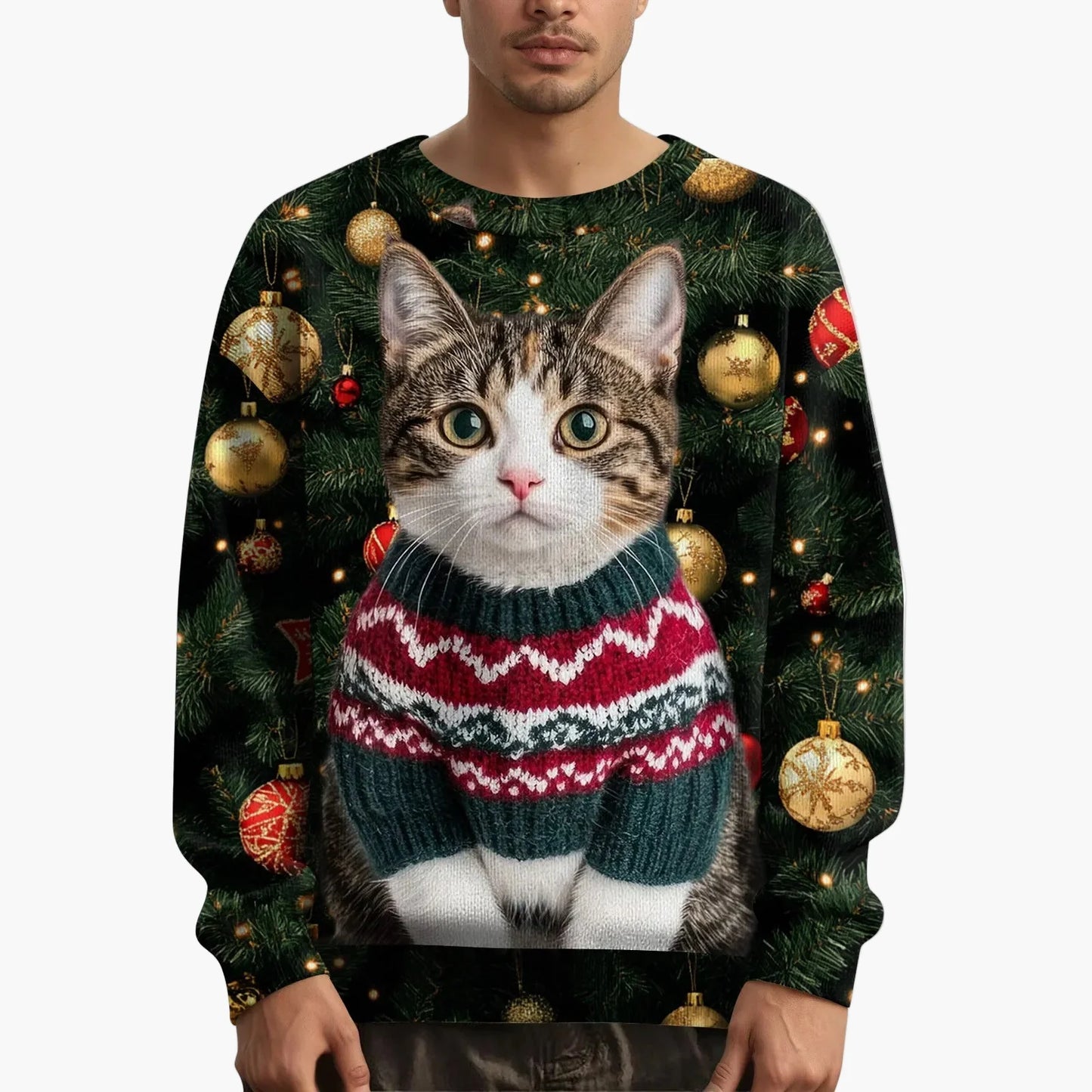 Felpa di Natale uomo con motivo gatto e maglione lavorato a maglia – Stile festivo e originale