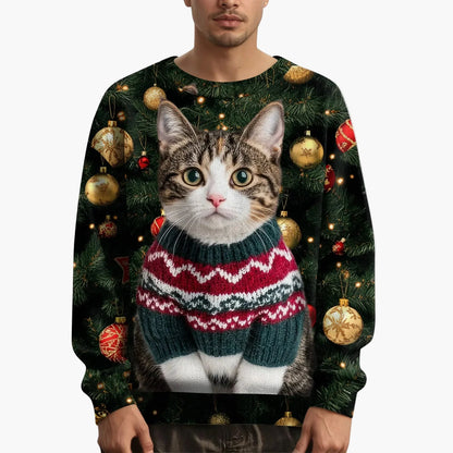Felpa di Natale uomo con motivo gatto e maglione lavorato a maglia – Stile festivo e originale