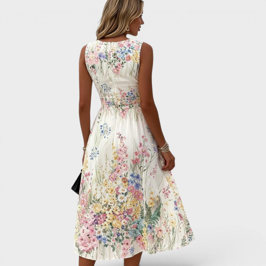 Vestido de mujer sin mangas con estampado floral multicolor, largo midi y cintura fruncida