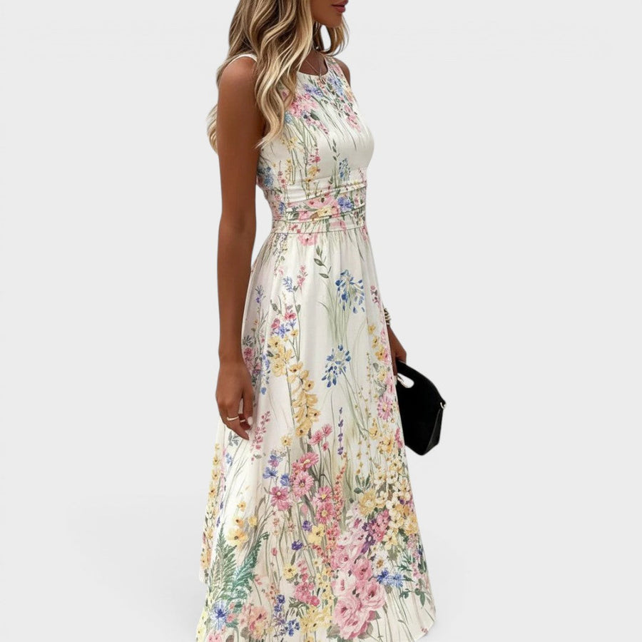 Vestido de mujer sin mangas con estampado floral multicolor, largo midi y cintura fruncida