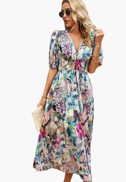 Elegancka sukienka midi w kwiaty dla kobiet – Styl boho chic na okazje i casualowe wyjścia