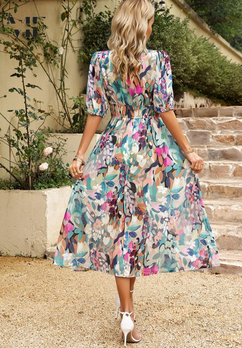 Elegancka sukienka midi w kwiaty dla kobiet – Styl boho chic na okazje i casualowe wyjścia