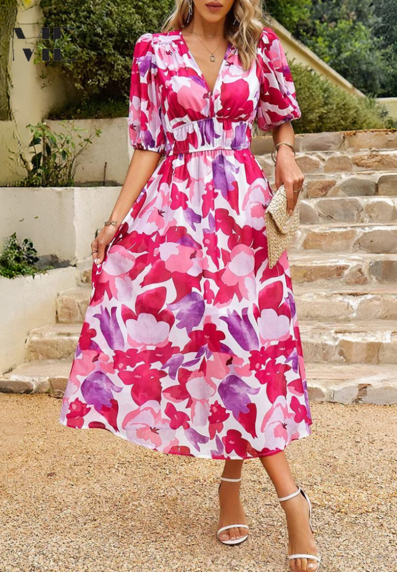Elegancka sukienka midi w kwiaty dla kobiet – Styl boho chic na okazje i casualowe wyjścia