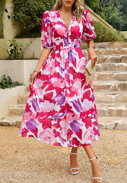 Elegancka sukienka midi w kwiaty dla kobiet – Styl boho chic na okazje i casualowe wyjścia