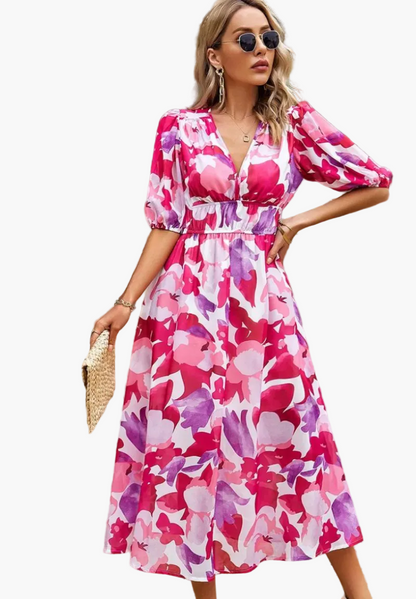 Elegancka sukienka midi w kwiaty dla kobiet – Styl boho chic na okazje i casualowe wyjścia