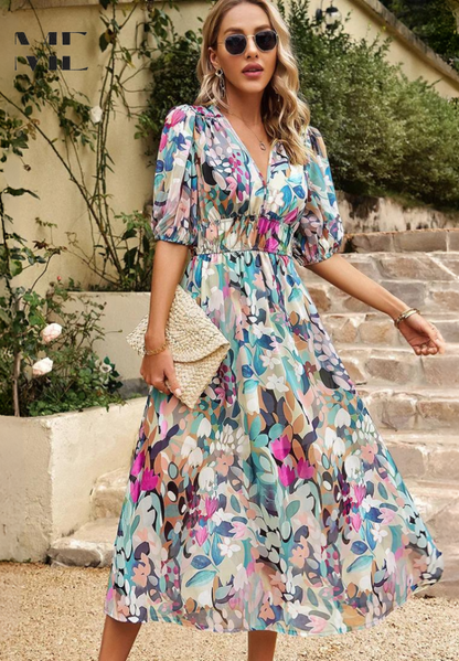 Elegancka sukienka midi w kwiaty dla kobiet – Styl boho chic na okazje i casualowe wyjścia