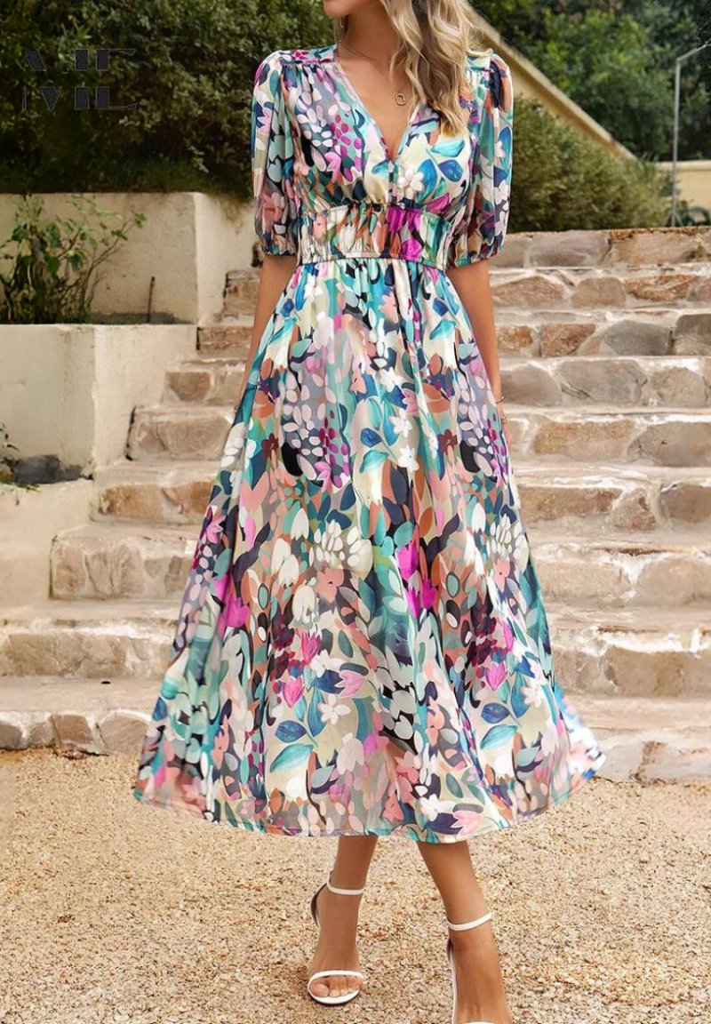 Elegancka sukienka midi w kwiaty dla kobiet – Styl boho chic na okazje i casualowe wyjścia