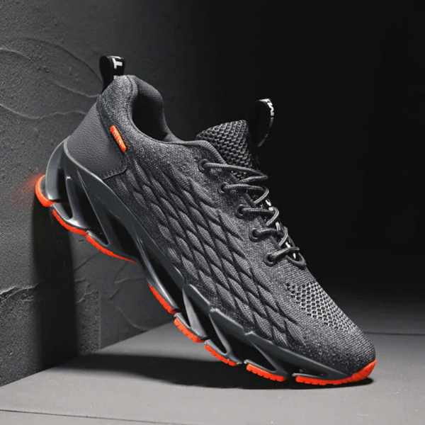 Sneakers sportive da uomo, in maglia traspirante, con suola testurizzata grigia e arancione