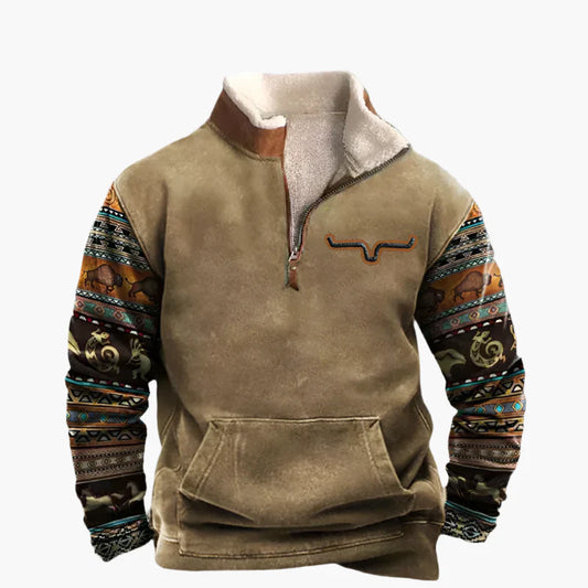 Zip-up fleece-tröja i westernstil för herr – långärmad tröja med etniskt mönster, avslappnad och varm look