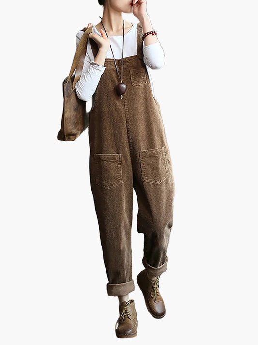Lös retroinspirerad hängselbyxa för damer med fickor, höst- och vintermode