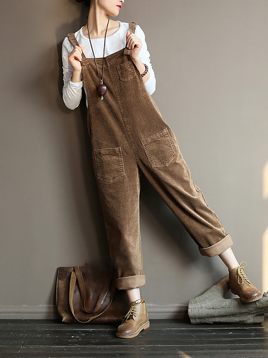 Weite Damen Latzhose im Retro-Look, lässig, mit Taschen, Herbst-Winter-Mode  
