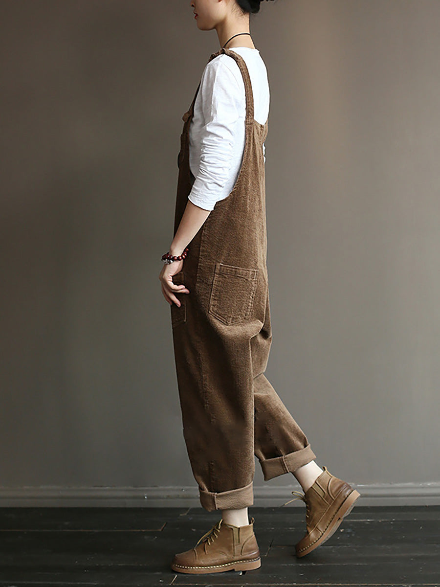 Weite Damen Latzhose im Retro-Look, lässig, mit Taschen, Herbst-Winter-Mode  