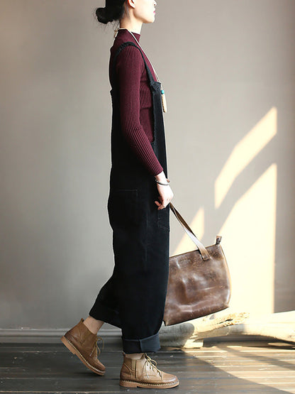 Weite Damen Latzhose im Retro-Look, lässig, mit Taschen, Herbst-Winter-Mode  