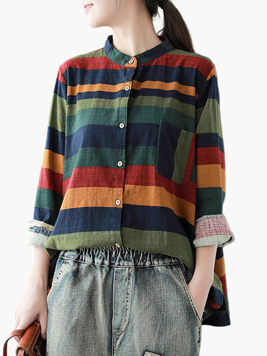 Casual striped women's shirt with oversized style and mandarin collar for spring