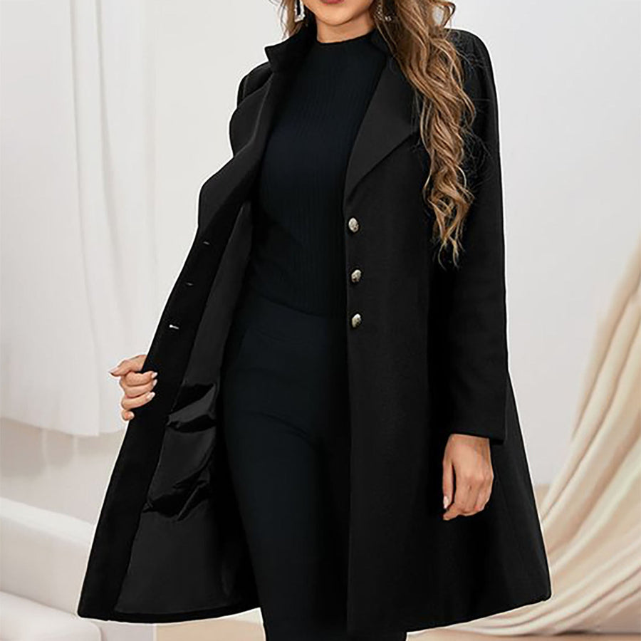 Elegant Women's Mid-Length Black Coat with Gold Buttons