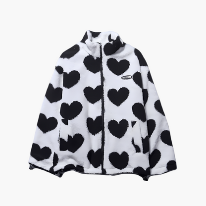 Chaqueta polar reversible con capucha y corazón para mujer - Estilo casual versátil