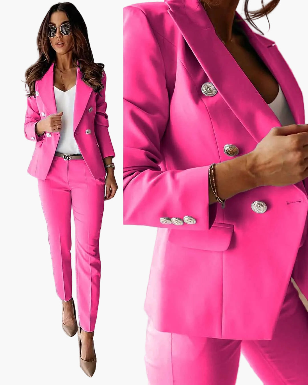 Tailleur pantalon élégant pour femmes, style business chic, ensemble blazer et pantalon pour bureau et occasions formelles