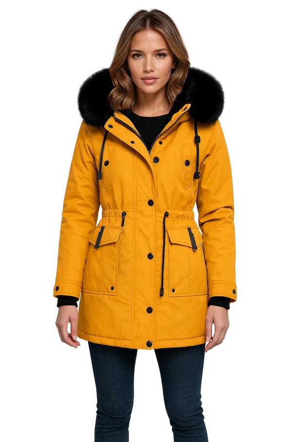 Parka da donna con cappuccio e bordo in pelliccia sintetica nera removibile - Diversi colori