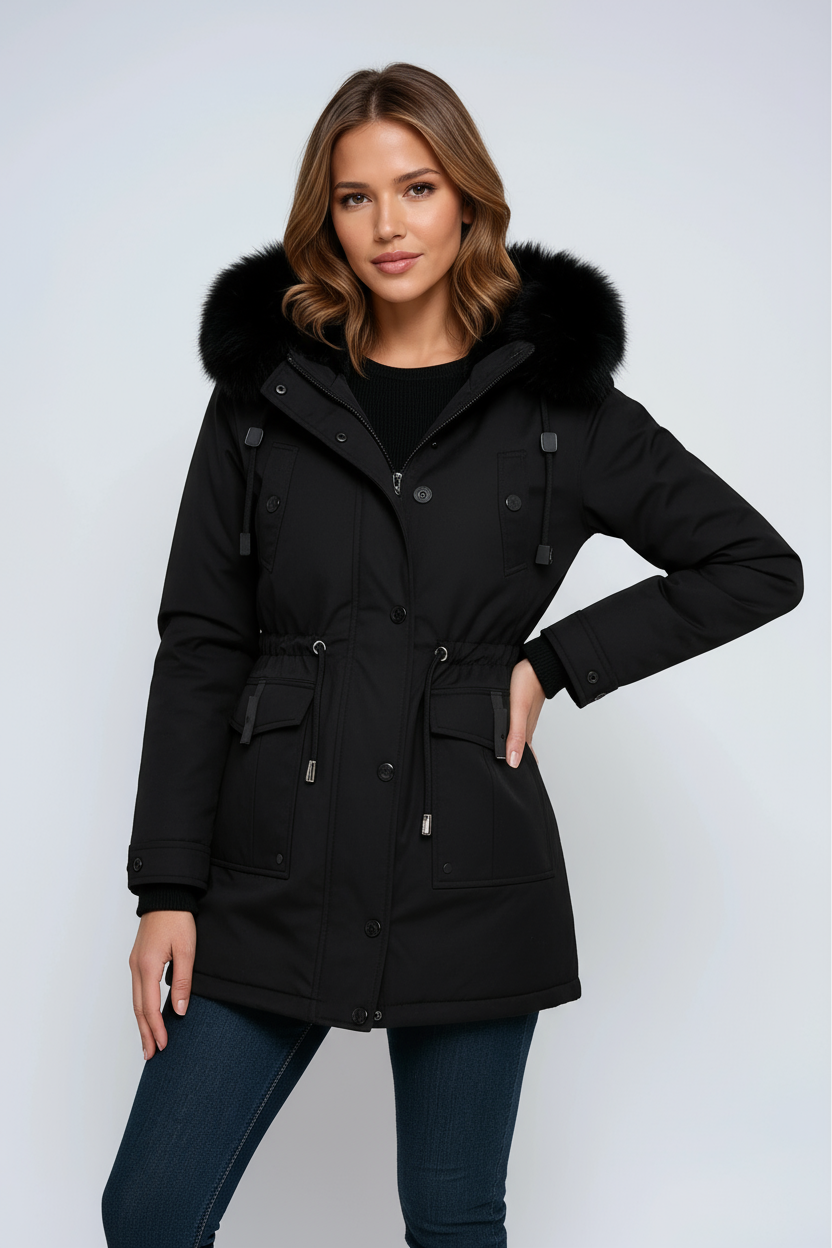 Parka de mujer con capucha y ribete de pelo sintético negro extraíble - Varios colores