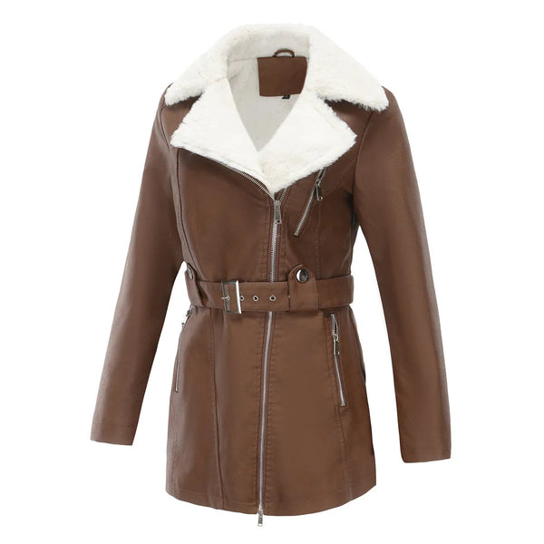 Cappotto da donna stile motociclista con cintura e collo asimmetrico effetto pelliccia