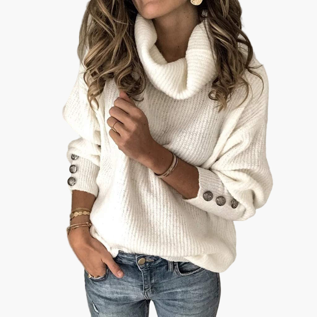 Dam polotröja med dekorativa knappar, chic för avslappnad eller elegant look