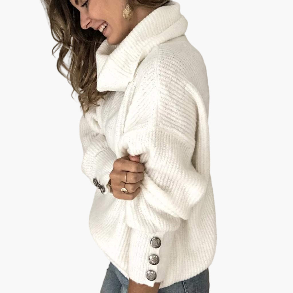Dam polotröja med dekorativa knappar, chic för avslappnad eller elegant look