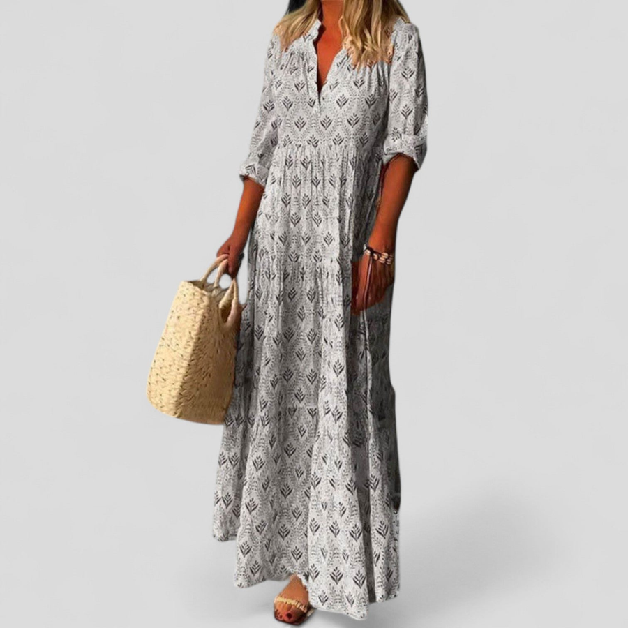 Langes Damenkleid mit Blumenmuster, V-Ausschnitt und 3/4-Ärmeln