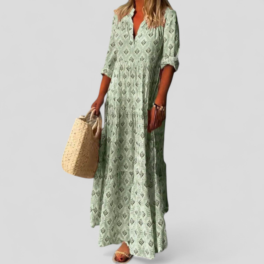 Langes Damenkleid mit Blumenmuster, V-Ausschnitt und 3/4-Ärmeln