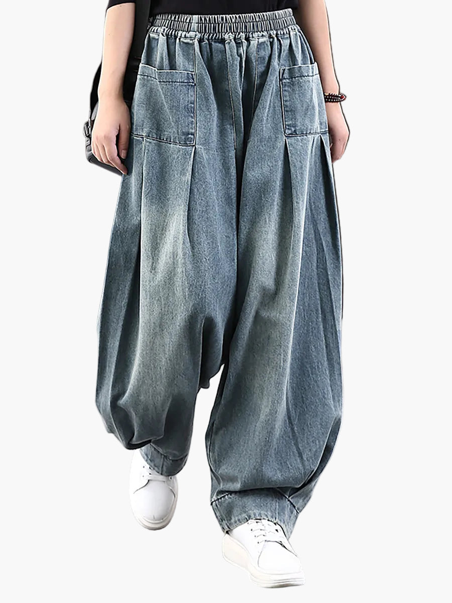 Pantalon large décontracté pour femme style streetwear avec poches, taille élastique, idéal pour un look urbain tendance