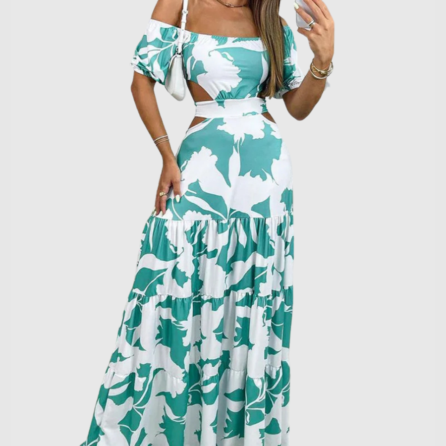 Vestido largo para mujer con hombros descubiertos, estampado floral y aberturas laterales