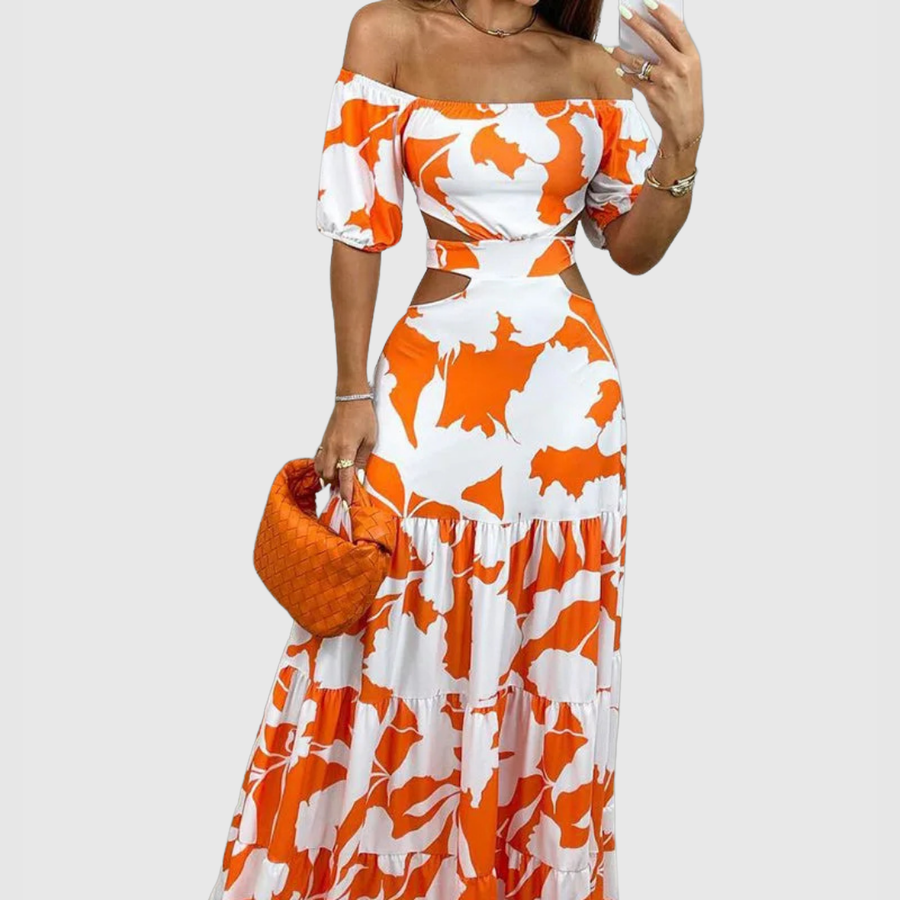 Vestido largo para mujer con hombros descubiertos, estampado floral y aberturas laterales