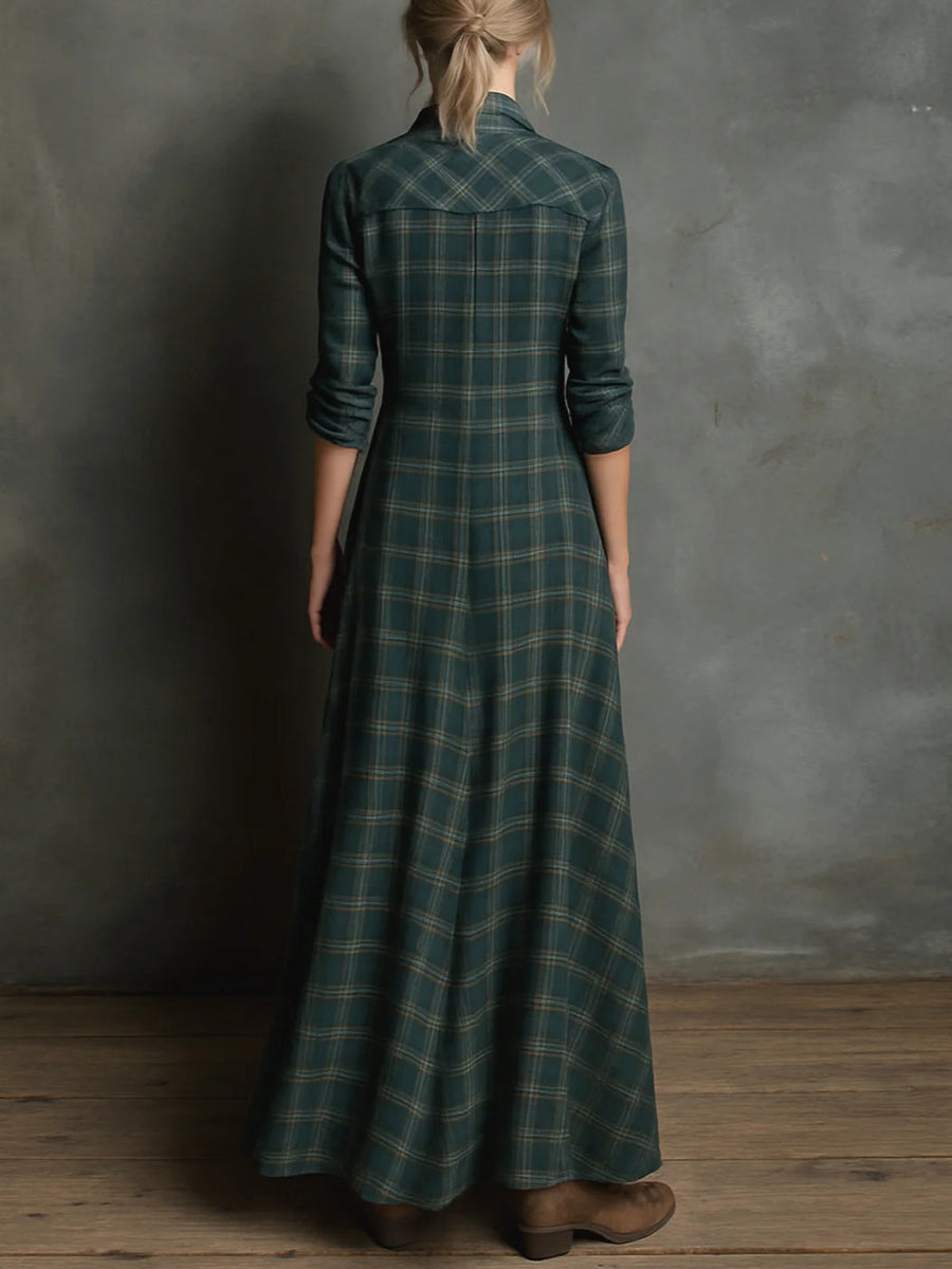 Vestido camisero largo de cuadros verdes para mujer