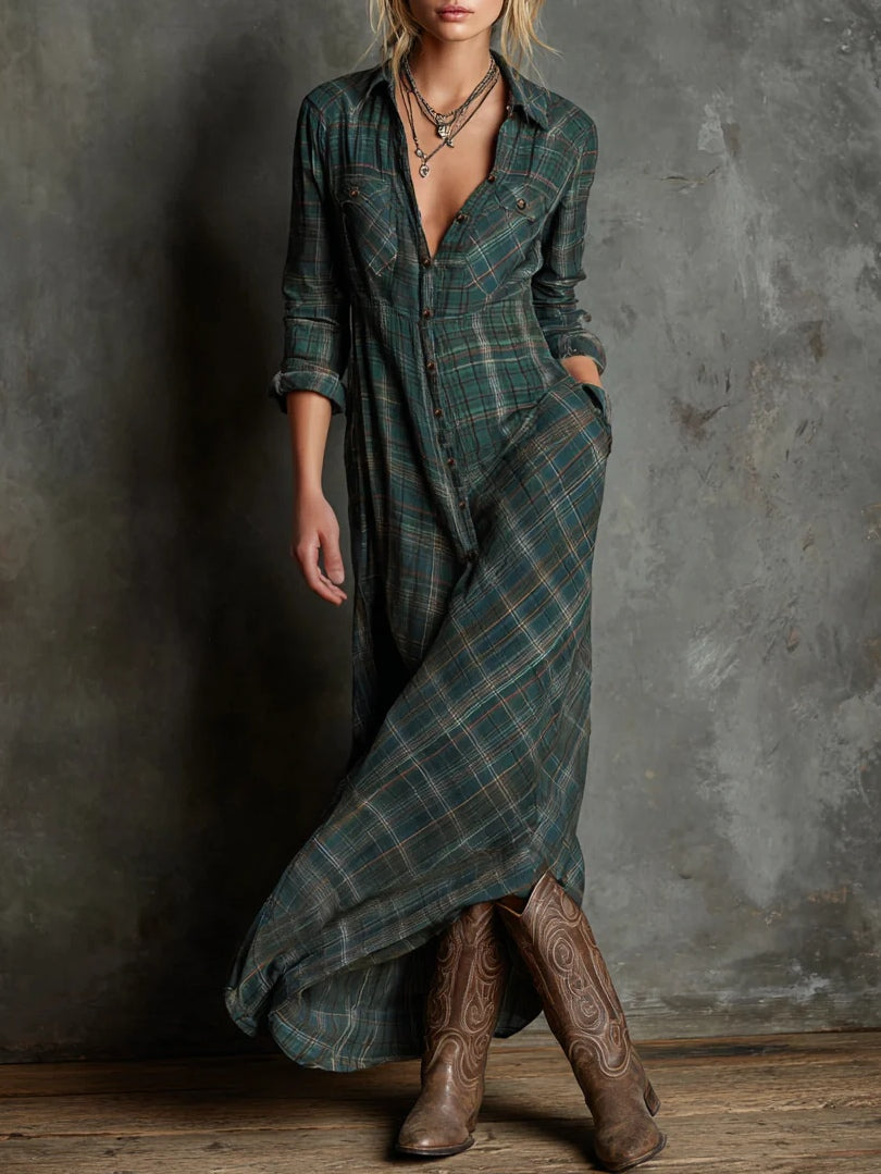 Vestido camisero largo de cuadros verdes para mujer